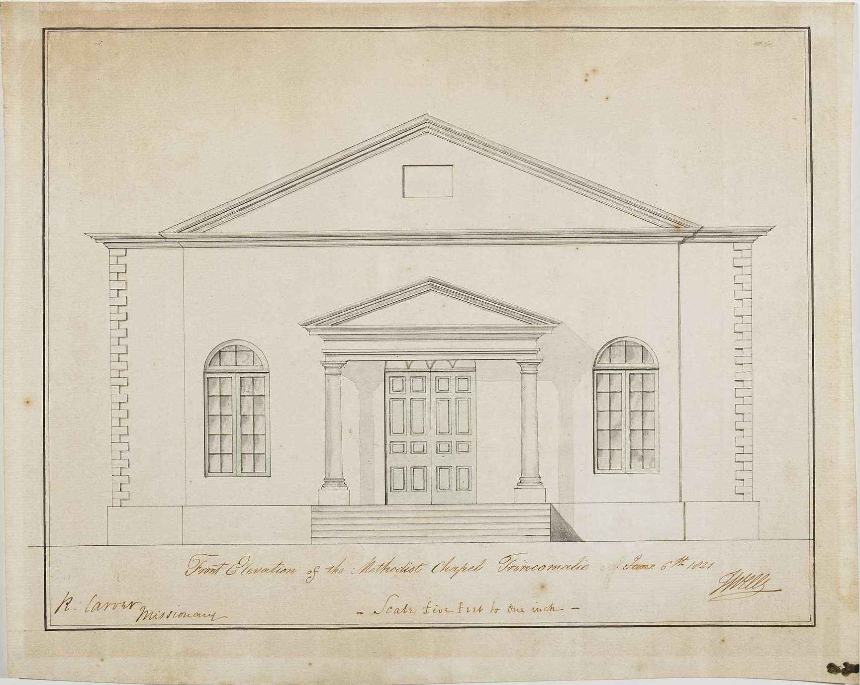 Front elevation of the Methodist Chapel Trincomalie June 6th 1821 / T. Wells