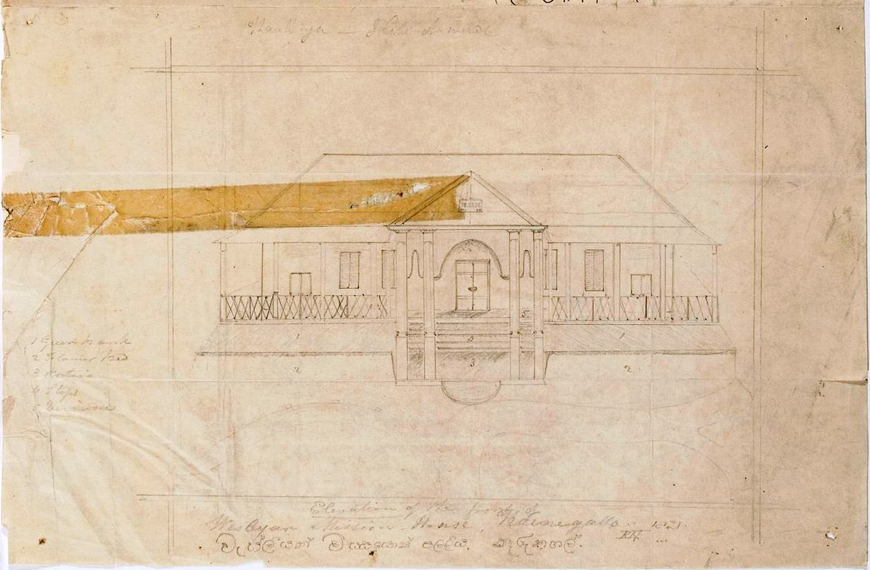 Elevation of the front of  Wesleyan Mission House Kornegalle 1821 / Robert Newstead