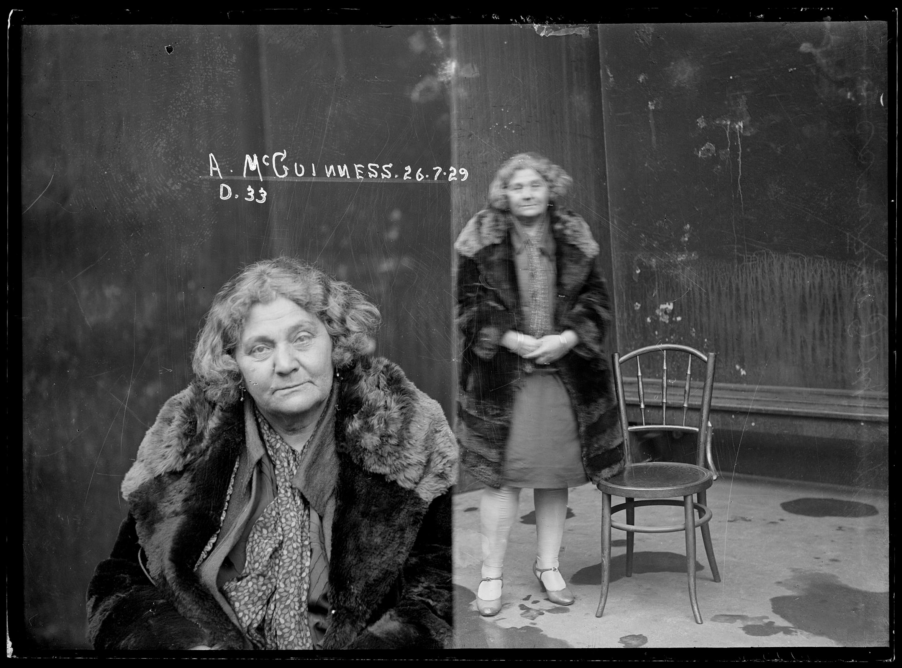 Ada McGuinness (alias Edith Mitchell, Edith Cavanagh), Special photograph number D33, 26 July 1929, Central Police Station, Sydney