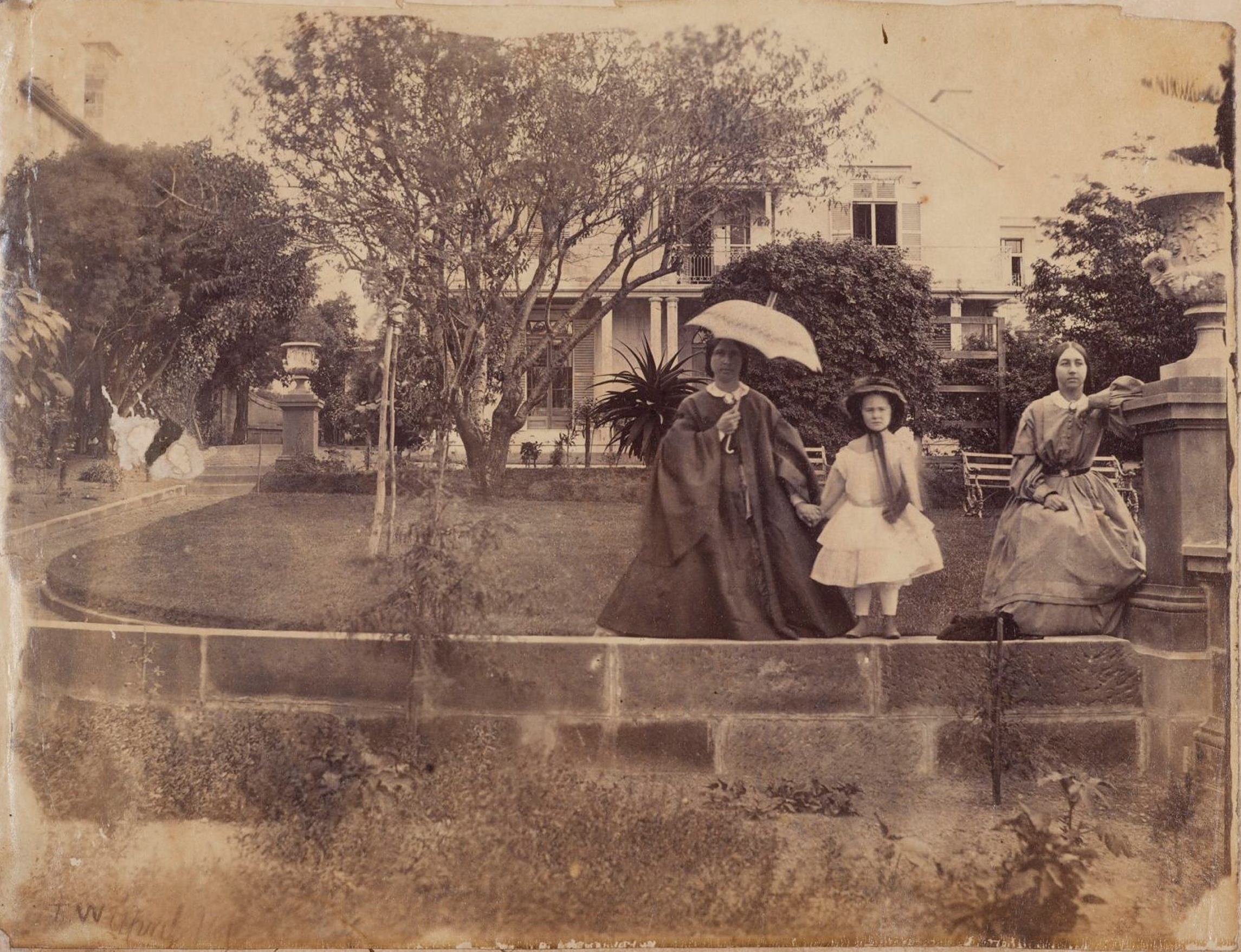 Two women and a young girl in front of an unidentified villa, probably in Potts Point, Sydney, April 1861 / Thomas Wingate