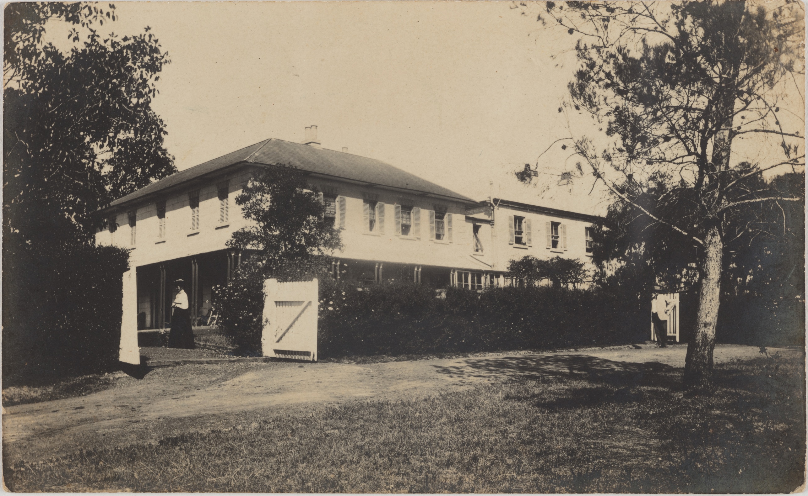 View of the west side of Rouse Hill House, from the drive through the double carriage gates to the carriage circle and front verandah of Rouse Hill House, around 1908 / photographer unknown